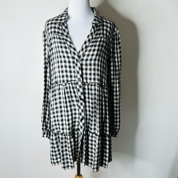 Zara Black and Tan Gingham Long Sleeve Mini Dress - Picture 2 of 8